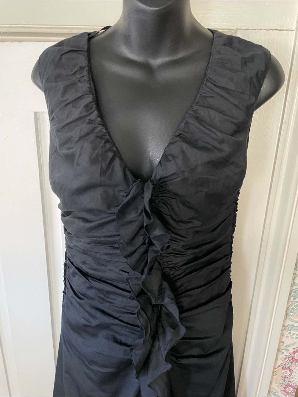 PRADA Black Ruched Ruffle Front V-neck Dress - Picture 4 of 11